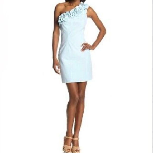 Lilly Pulitzer Dresses & Skirts - Lilly Pulitzer Vivienne One-Shoulder Light Blue Floral Appliqué Dress